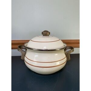 Vintage M. Kamenstein Enamel Brass Beige Brown Stripe 7"Casserole Pot w/ Lid